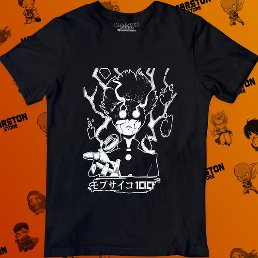 Polera negra de Mob Psycho 100 con Shigeo Kageyama, Mob