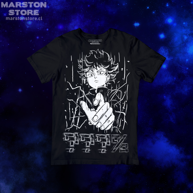 Polera negra de Mob Psycho 100 con Shigeo Kageyama, Mob