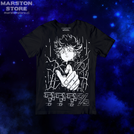 Polera negra de Mob Psycho 100 con Shigeo Kageyama, Mob