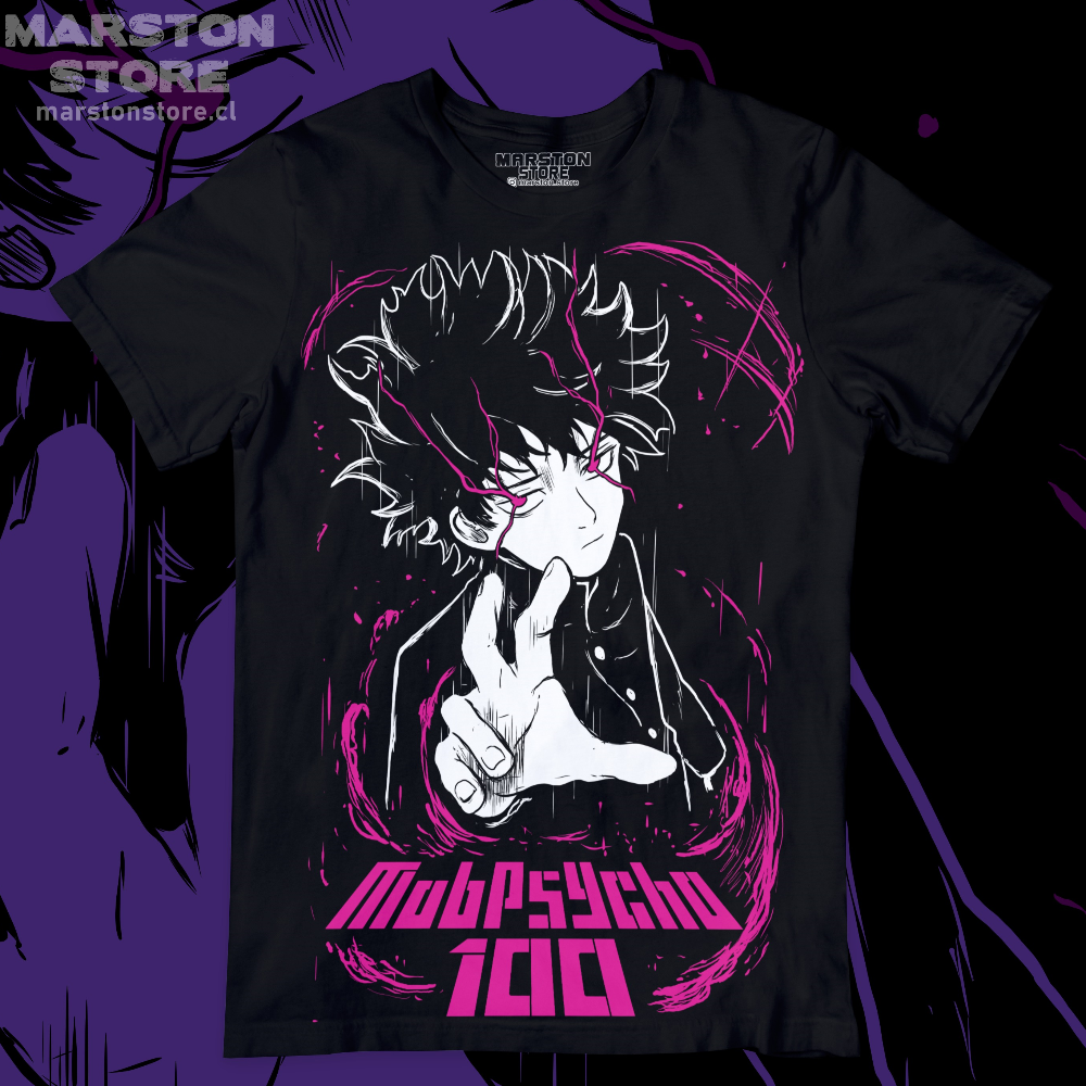 Polera negra de Mob Psycho 100 con Shigeo Kageyama, Mob