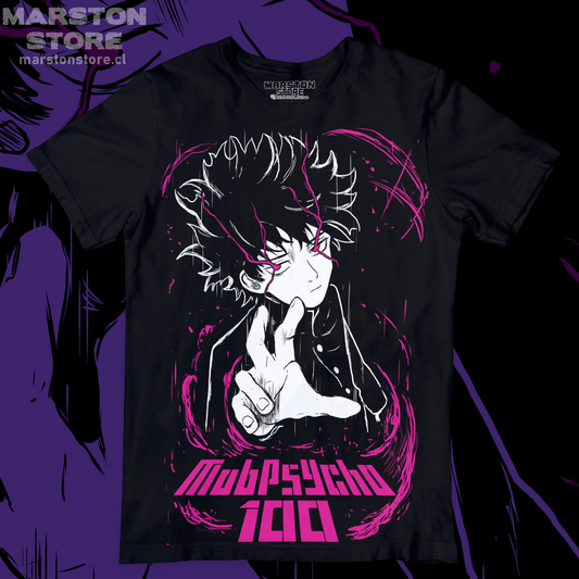 Polera negra de Mob Psycho 100 con Shigeo Kageyama, Mob
