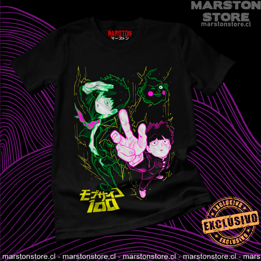 Polera negra de Mob Psycho 100 con Shigeo Kageyama, Hoyuelo y Reigen Arataka