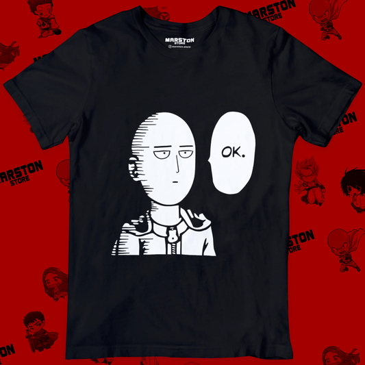 Polera negra de One Punch Man con diseño Ok