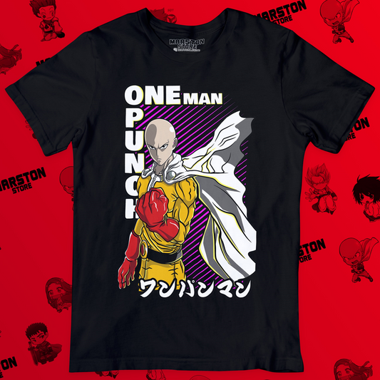 Polera negra de One Punch Man con Saitama
