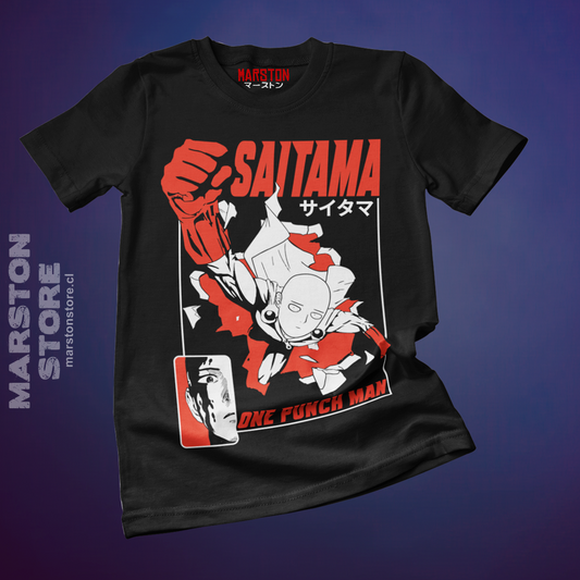Polera negra de One Punch Man con Saitama