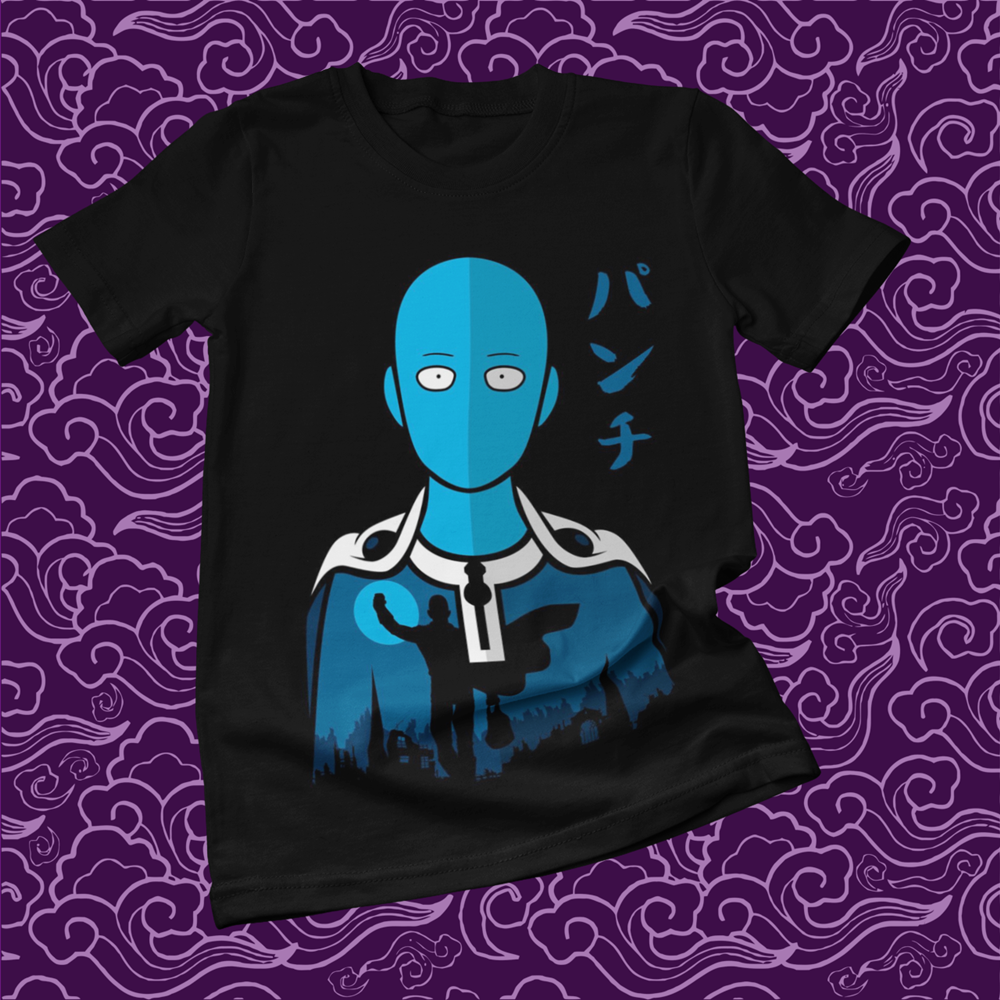 Polera negra de One Punch Man con Saitama