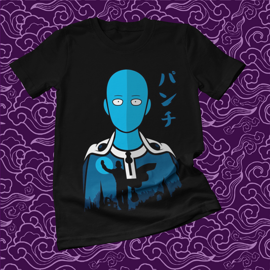 Polera negra de One Punch Man con Saitama