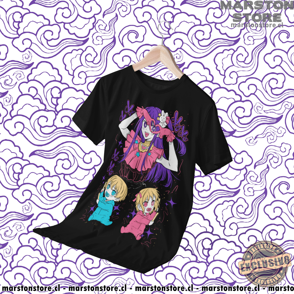 Polera negra de Oshi no Ko con Ai Hoshino, Aquamarine Hoshino (Aqua) y Ruby Hoshino