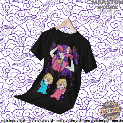 Polera negra de Oshi no Ko con Ai Hoshino, Aquamarine Hoshino (Aqua) y Ruby Hoshino