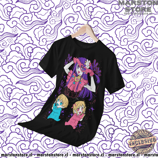 Polera negra de Oshi no Ko con Ai Hoshino, Aquamarine Hoshino (Aqua) y Ruby Hoshino
