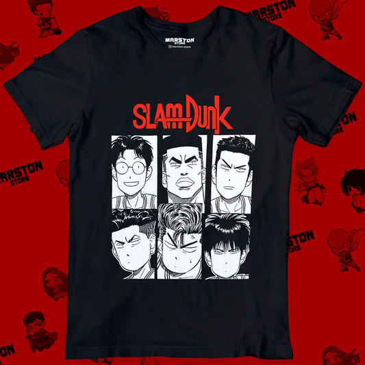 Polera negra de Slam Dunk con Hanamichi Sakuragi, Kaede Rukawa, Hisashi Mitsui, Ryota Miyagi, Takenori Akagi y Kiminobu Kogure