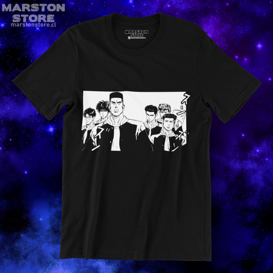 Polera negra de Slam Dunk con Hanamichi Sakuragi, Takenori Akagi, Hisashi Mitsui, Kaede Rukawa y Ryota Miyagi