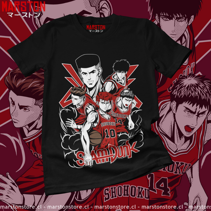 Polera negra de Slam Dunk con Hanamichi Sakuragi, Takenori Akagi, Hisashi Mitsui, Kaede Rukawa y Ryota Miyagi