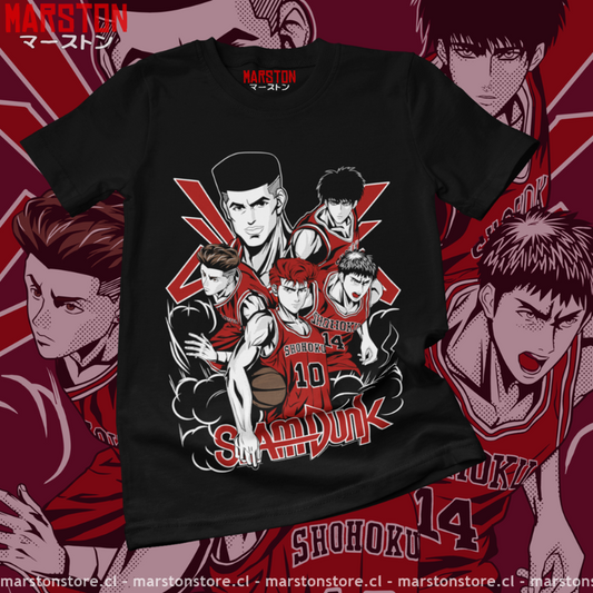 Polera negra de Slam Dunk con Hanamichi Sakuragi, Takenori Akagi, Hisashi Mitsui, Kaede Rukawa y Ryota Miyagi