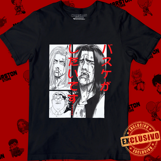 Polera negra de Slam Dunk con Hisashi Mitsui y Profesor Anzai