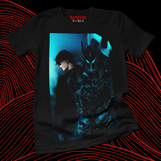Polera negra de Solo Leveling con diseño anime