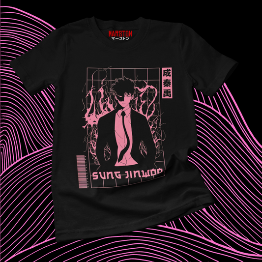 Polera negra de Solo Leveling con diseño anime