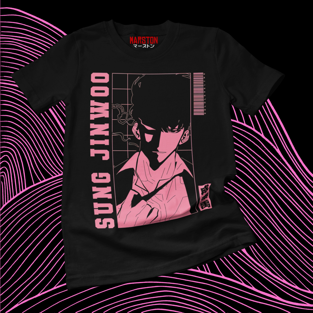 Polera negra de Solo Leveling con diseño anime