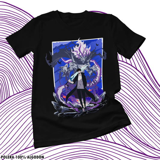 Polera negra de Solo Leveling con diseño anime