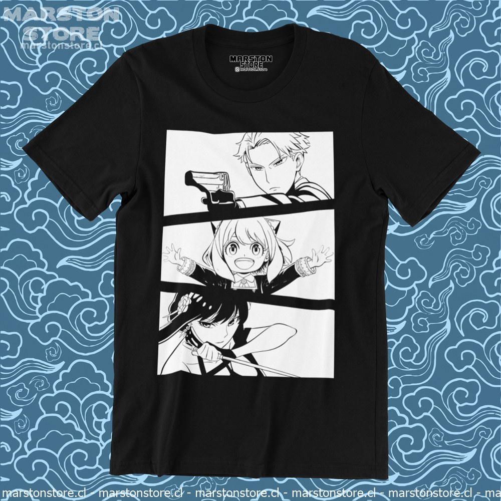 Polera negra de Spy x Family con Loid Forger, Anya Forger y Yor Forger