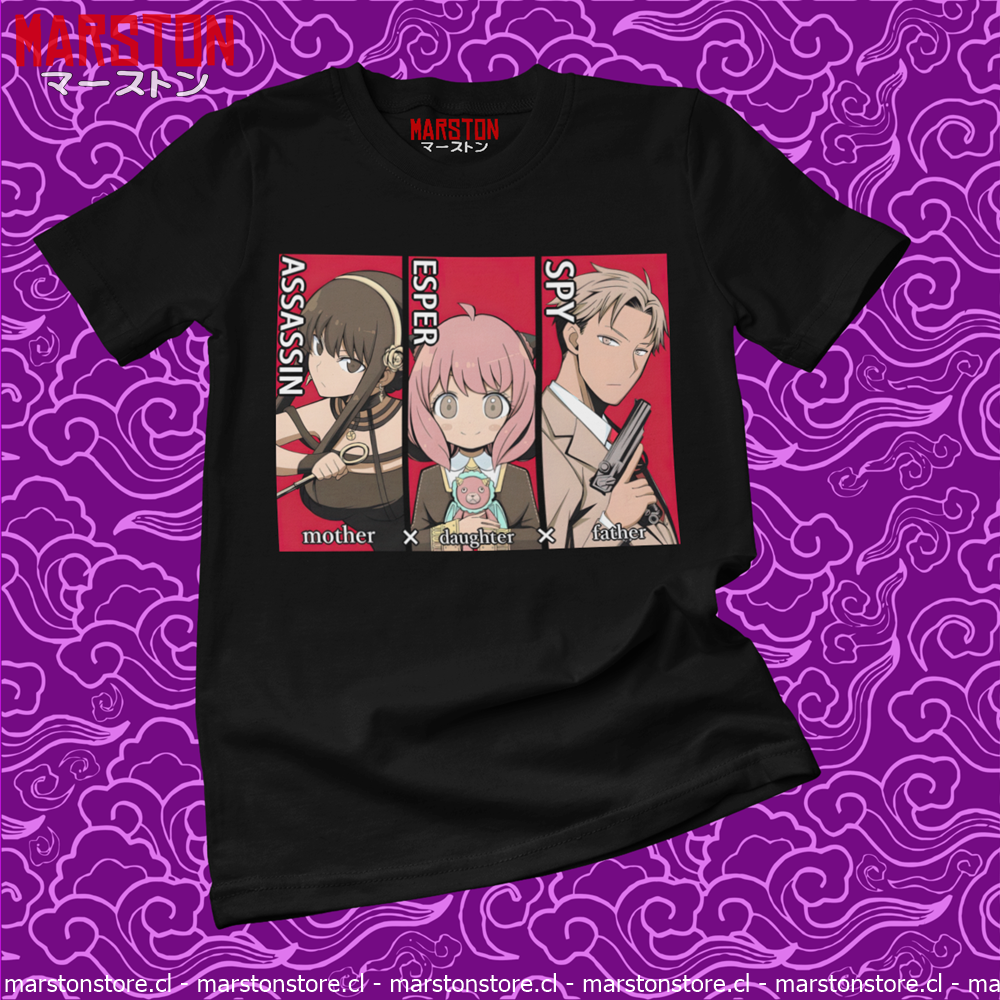 Polera negra de Spy x Family con Loid Forger, Anya Forger y Yor Forger