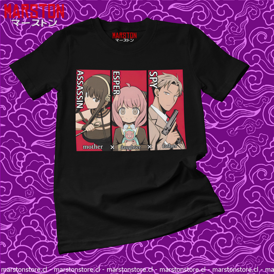Polera negra de Spy x Family con Loid Forger, Anya Forger y Yor Forger