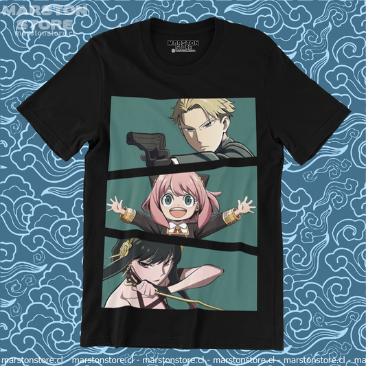 Polera negra de Spy x Family con Loid Forger, Anya Forger y Yor Forger