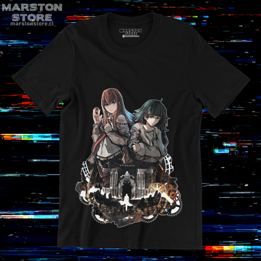 Polera negra de Steins;Gate con Kurisu Makise y Maho Hiyajo