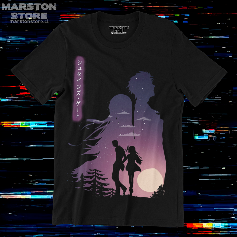 Polera negra de Steins;Gate con Kurisu Makise y Rintaro Okabe