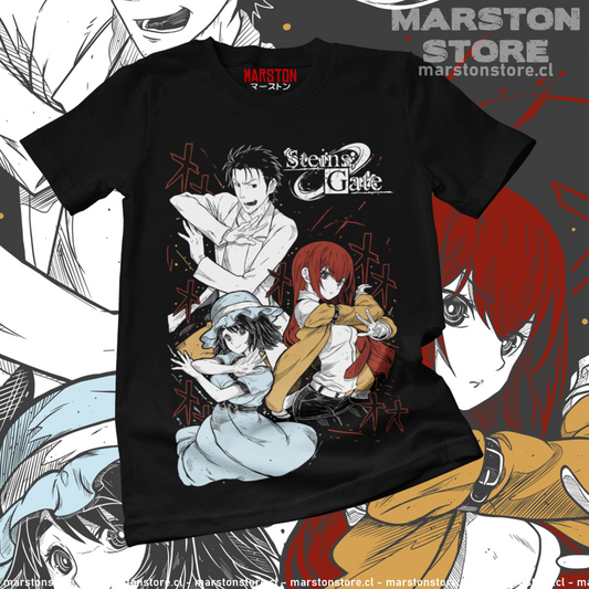 Polera negra de Steins;Gate con Kurisu Makise, Rintaro Okabe y Mayuri Shiina