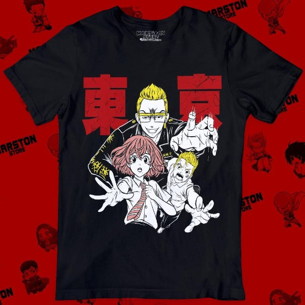 Polera negra de Tokyo Revengers con Hinata Tachibana, Tetta Kisaki y Takemichi Hanagaki