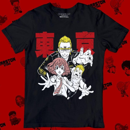 Polera negra de Tokyo Revengers con Hinata Tachibana, Tetta Kisaki y Takemichi Hanagaki