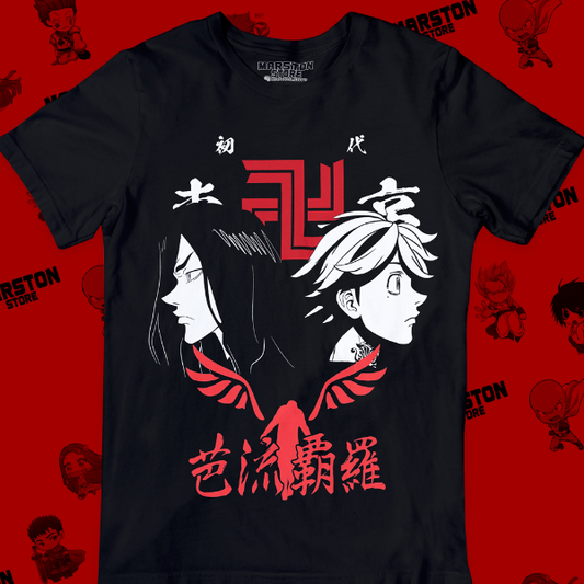Polera negra de Tokyo Revengers con Keisuke Baji y Kazutora Hanemiya