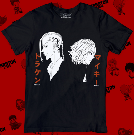 Polera negra de Tokyo Revengers con Ken Ryuguji (Draken) y Manjiro Sano (Mikey)