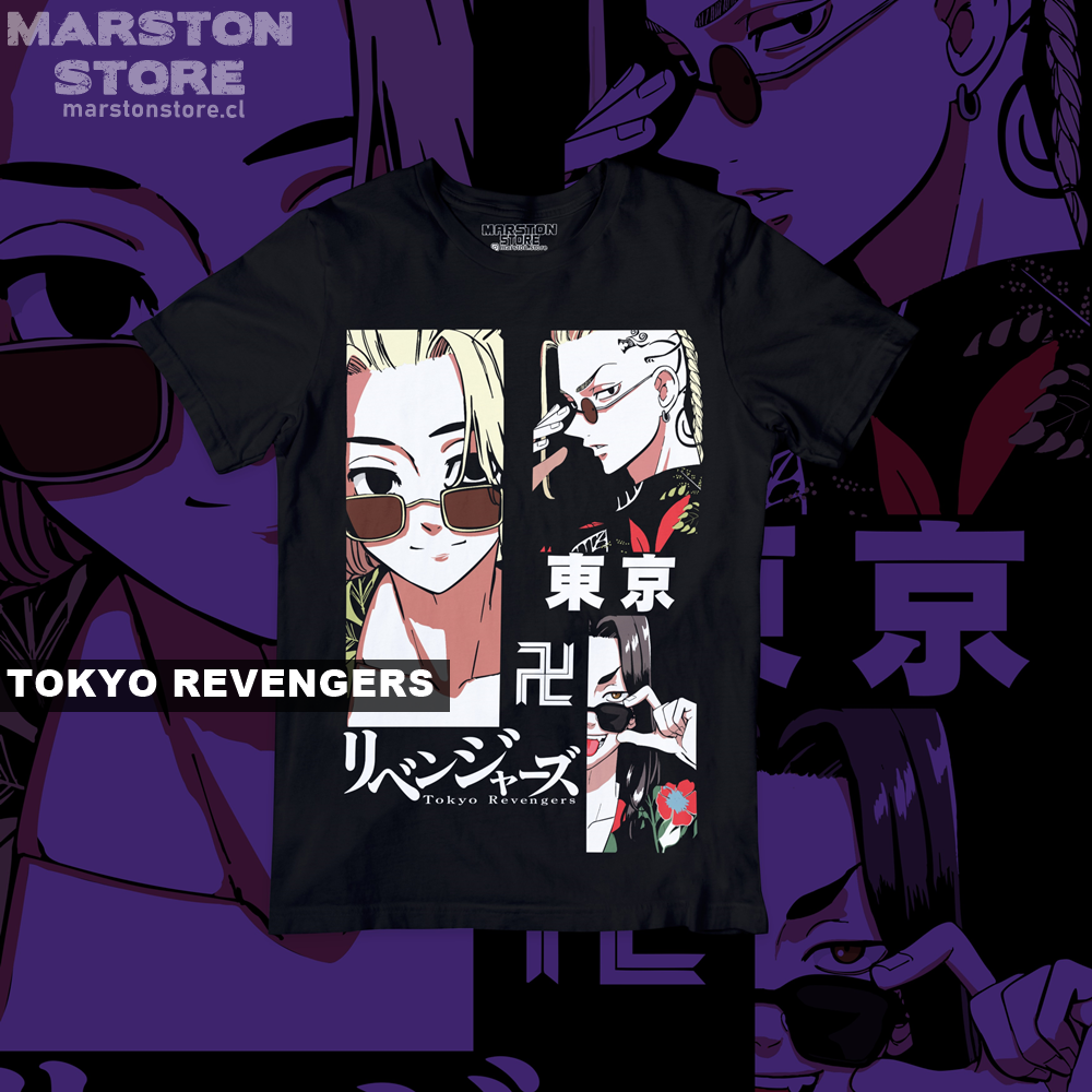 Polera negra de Tokyo Revengers con Ken Ryuguji (Draken), Manjiro Sano (Mikey) y Keisuke Baji