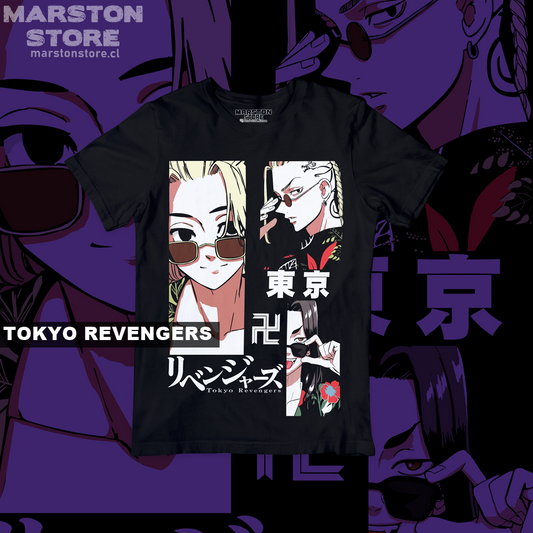 Polera negra de Tokyo Revengers con Ken Ryuguji (Draken), Manjiro Sano (Mikey) y Keisuke Baji