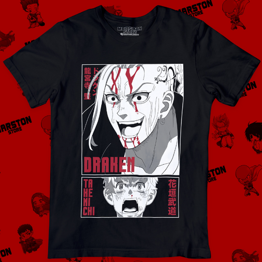 Polera negra de Tokyo Revengers con Ken Ryuguji (Draken) y Takemichi Hanagaki