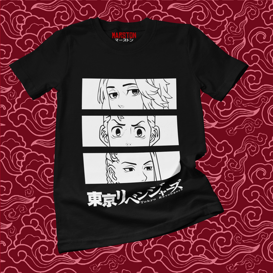 Polera negra de Tokyo Revengers con Manjiro Sano (Mikey), Takemichi Hanagaki y Ken Ryuguji (Draken)