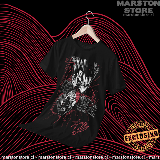 Polera negra de Trigun The Lost Plant con Vash the Stampede, diseño de Boichi