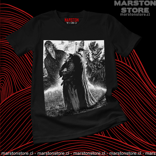 Polera negra crossover Vagabond x Berserk con Musashi y Guts