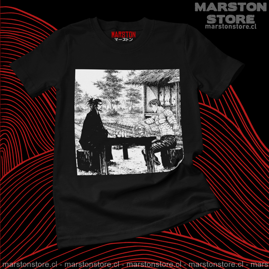 Polera negra crossover Vagabond x Berserk con Musashi y Guts