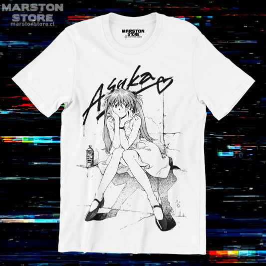 Polera blanca Neon Genesis Evangelion con diseño de Asuka Langley Soryu