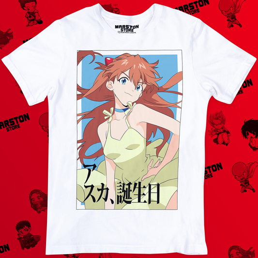 Polera blanca Neon Genesis Evangelion con diseño de Asuka Langley Soryu