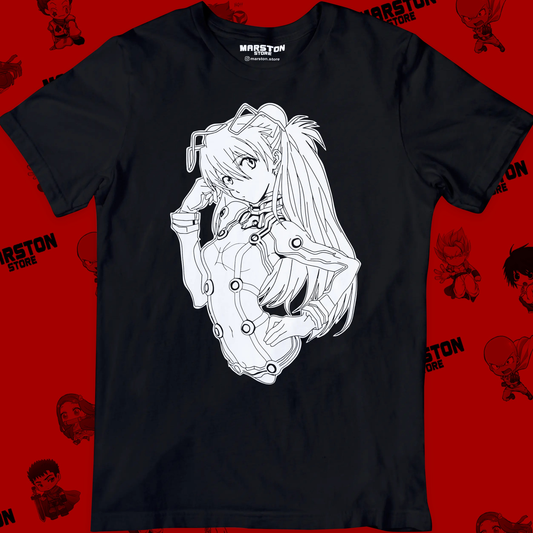 Polera negra Neon Genesis Evangelion con diseño de Asuka Langley Soryu