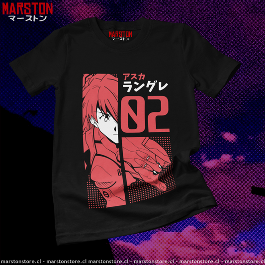 Polera negra Neon Genesis Evangelion con diseño de Asuka Langley Soryu
