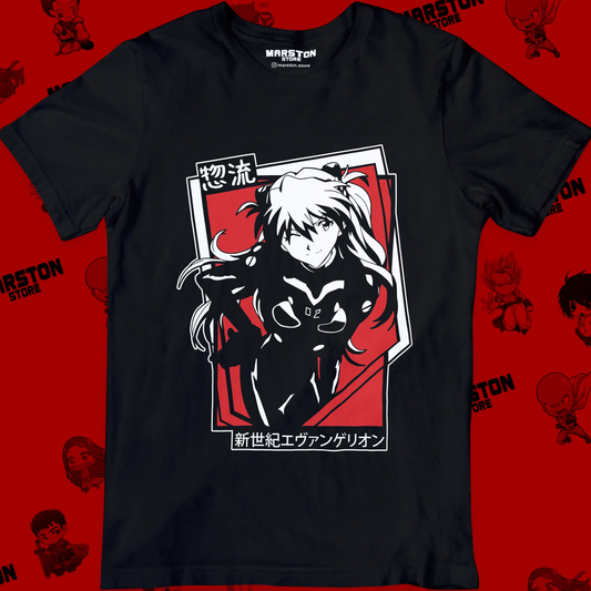 Polera negra Neon Genesis Evangelion con diseño de Asuka Langley Soryu