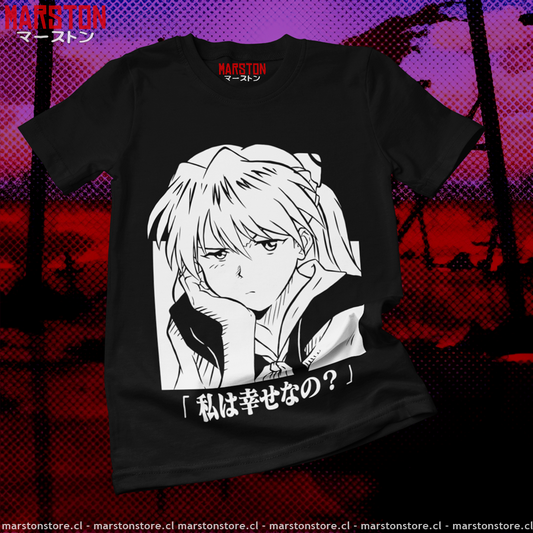 Polera negra Neon Genesis Evangelion con diseño de Asuka Langley Soryu