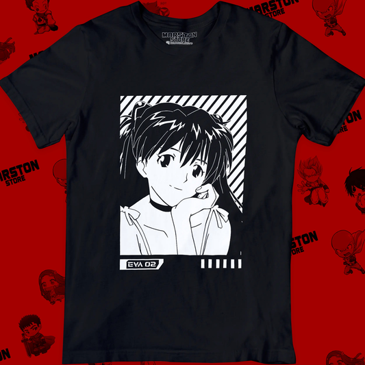 Polera negra Neon Genesis Evangelion con diseño de Asuka Langley Soryu
