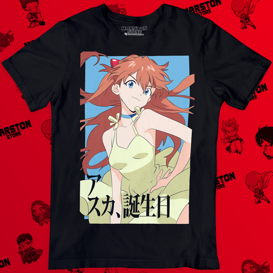 Polera negra Neon Genesis Evangelion con diseño de Asuka Langley Soryu