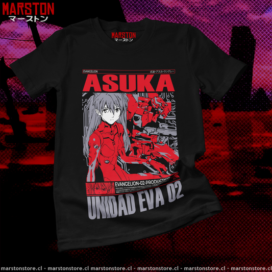 Polera negra Neon Genesis Evangelion con diseño de Asuka Langley Soryu